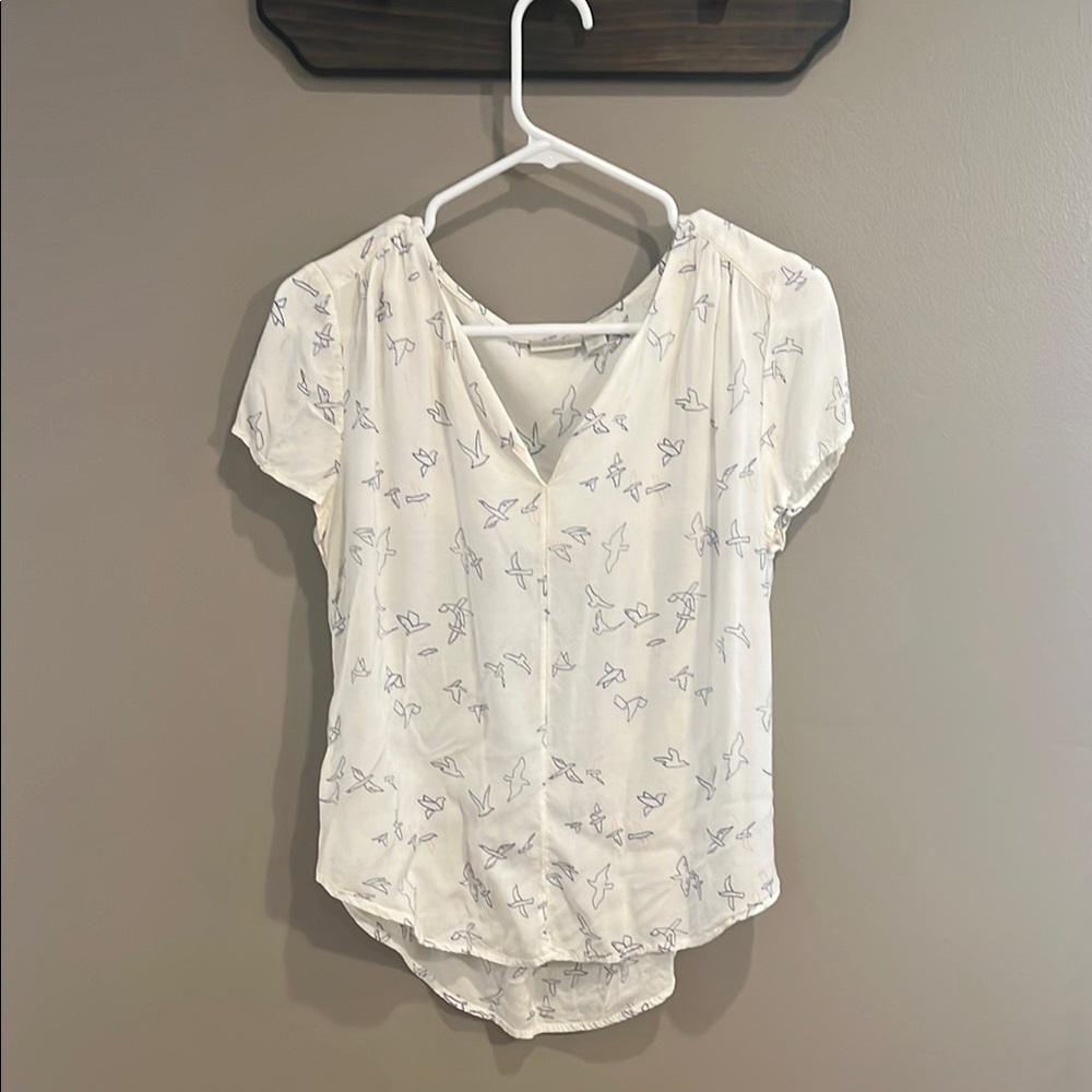 Cream White Embroidered Stitch Bird Print Women's Blouse Top from Hinge XS